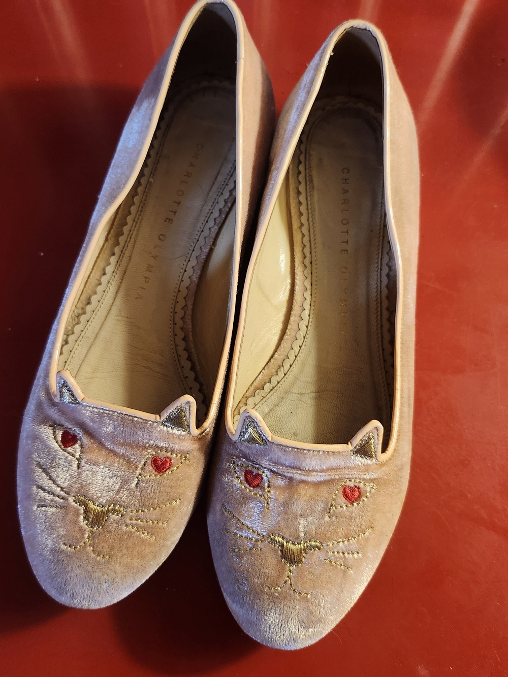 Charlotte Olympia Pink Velvet Cat Ballet Flats